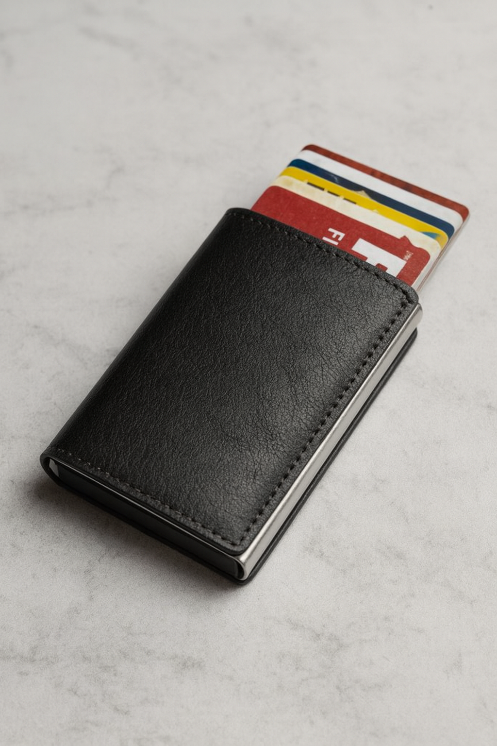 Billetera compacta de aluminio y cuero